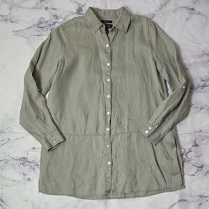 Tahari Olive Linen Button Down Tunic Shirt